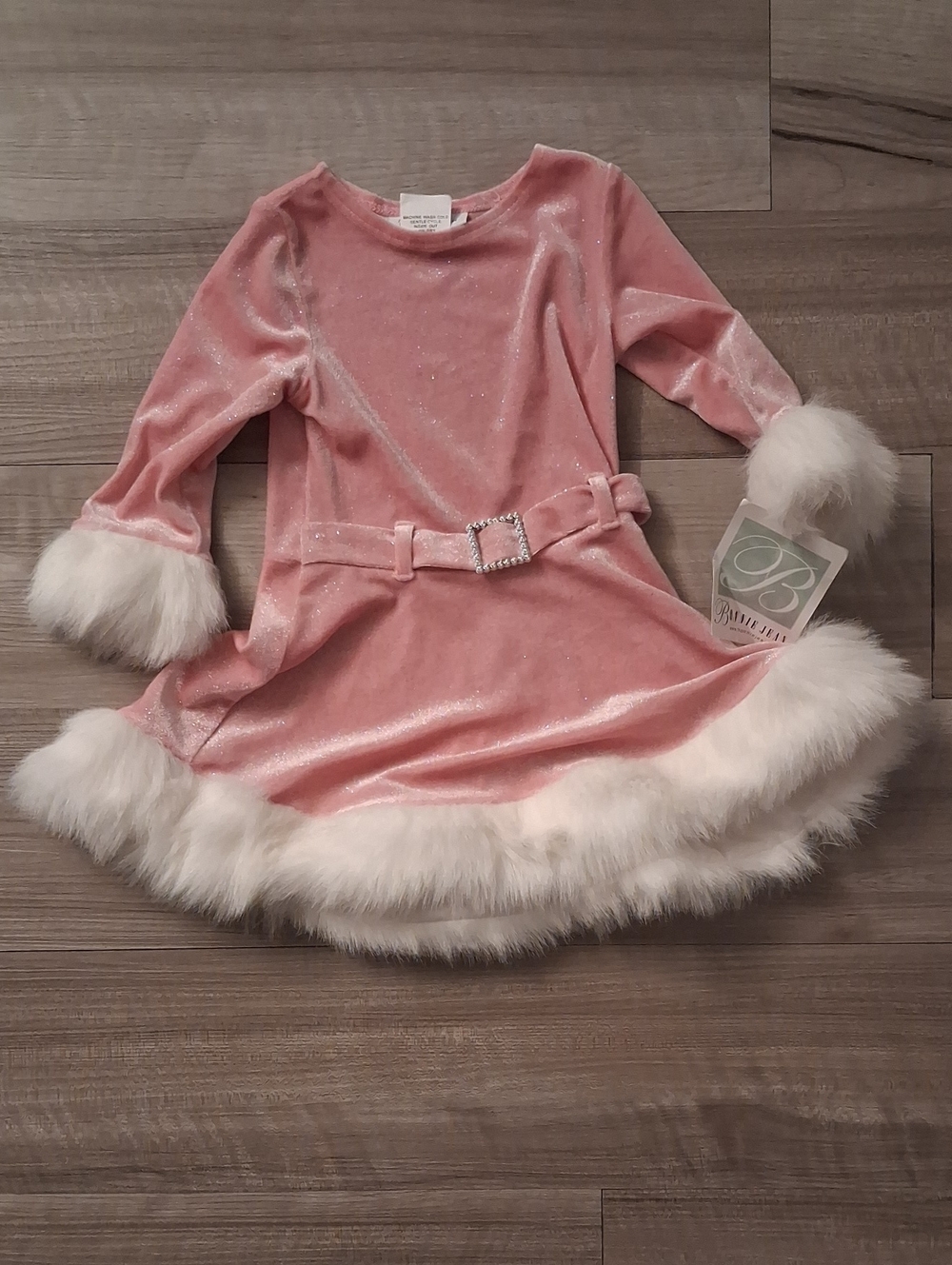 Bonnie Jean Pink Dress White Faux Fur Trim Vintage Size 2T (N)